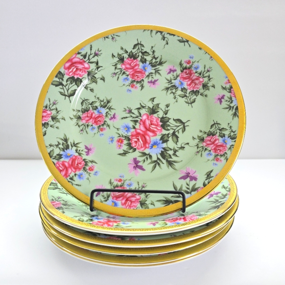 Green CHARTER CLUB Salad Plates CHINTZ Grand Buffet Gold rim DISHES VTG Floral